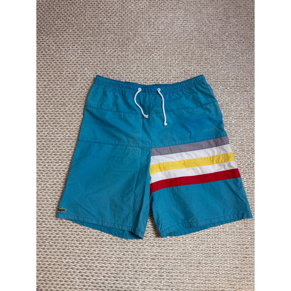 Vintage Izod Lacoste Mens Teal Blue Striped Swim Trunks Board Shorts Size M